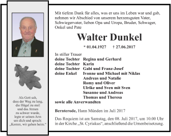 Traueranzeige von Walter Dunkel von Thüringer Allgemeine