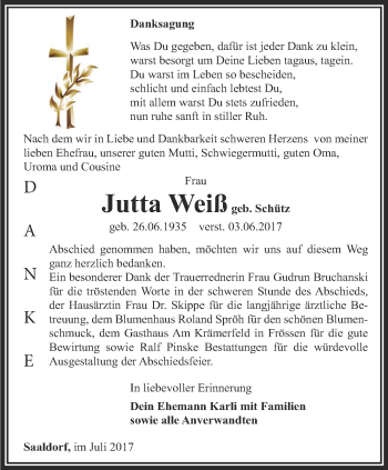 Traueranzeige von Jutta Weiß von Ostthüringer Zeitung