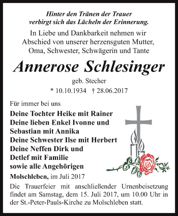 Traueranzeige von Annerose Schlesinger von Ostthüringer Zeitung, Thüringische Landeszeitung