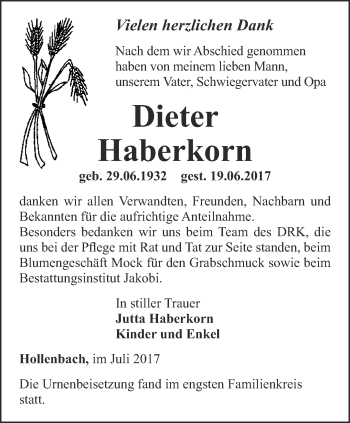 Traueranzeige von Dieter Haberkorn von Thüringer Allgemeine, Thüringische Landeszeitung