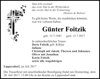 Traueranzeige von Günter Foitzik von Ostthüringer Zeitung