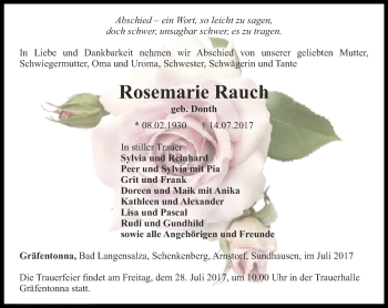 Traueranzeige von Rosemarie Rauch von Thüringer Allgemeine, Thüringische Landeszeitung