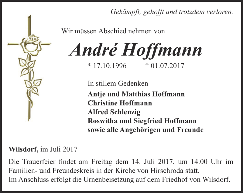  Traueranzeige für Andre Hoffmann vom 08.07.2017 aus Ostthüringer Zeitung, Thüringische Landeszeitung