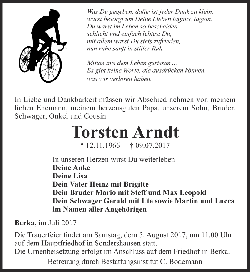  Traueranzeige für Torsten Arndt vom 22.07.2017 aus Thüringer Allgemeine