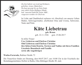 Traueranzeige von Käte Liebetrau von Thüringer Allgemeine, Thüringische Landeszeitung