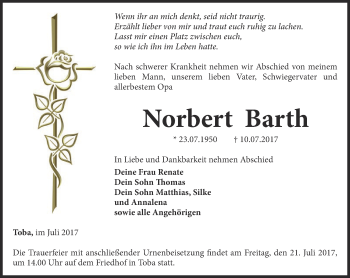 Traueranzeige von Norbert Barth von Thüringer Allgemeine