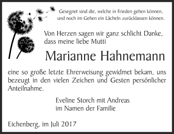 Traueranzeige von Marianne Hahnemann von Ostthüringer Zeitung, Thüringische Landeszeitung