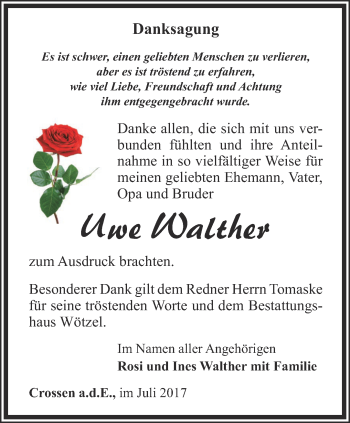 Traueranzeige von Uwe Walther von Ostthüringer Zeitung