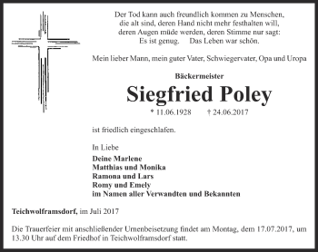 Traueranzeige von Siegfried Poley