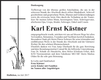 Traueranzeige von Karl Ernst Kästner von Thüringer Allgemeine, Thüringische Landeszeitung