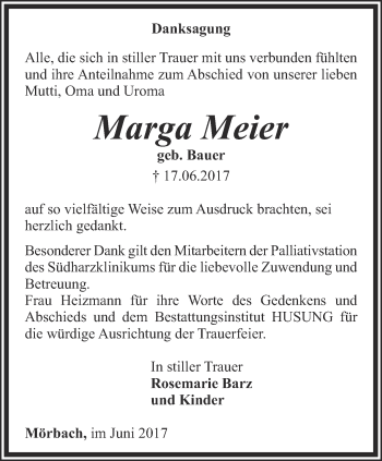 Traueranzeige von Marga Meier von Thüringer Allgemeine