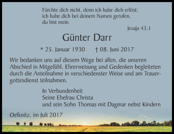 Traueranzeige von Günter Darr von Ostthüringer Zeitung, Thüringische Landeszeitung