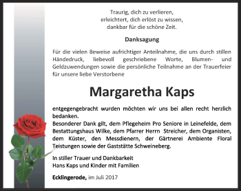 Traueranzeige von Margaretha Kaps von Thüringer Allgemeine