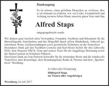 Traueranzeige von Alfred Staps von Ostthüringer Zeitung