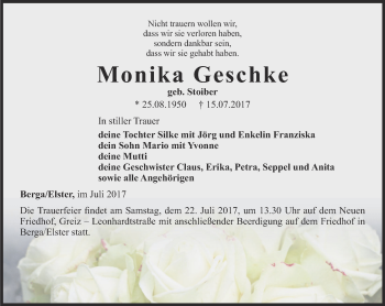 Traueranzeige von Monika Geschke von Ostthüringer Zeitung