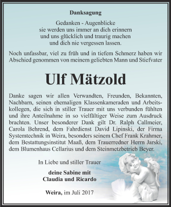 Traueranzeige von Ulf Mätzold von Ostthüringer Zeitung