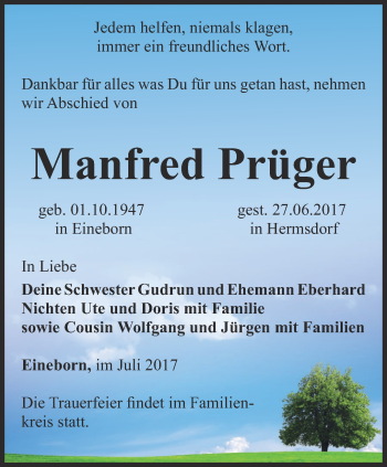 Traueranzeige von Manfred Prüger von Ostthüringer Zeitung