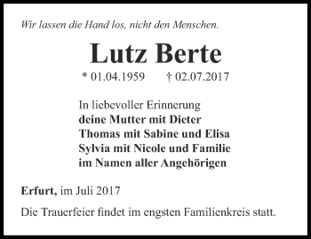 Traueranzeige von Lutz Berte