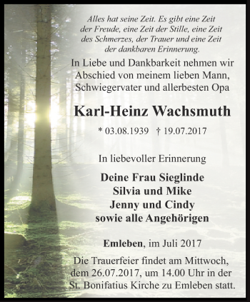 Traueranzeige von Karl-Heinz Wachsmuth von Ostthüringer Zeitung, Thüringische Landeszeitung