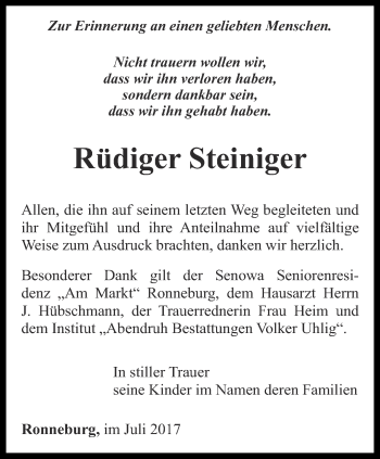 Traueranzeige von Rüdiger Steiniger von Ostthüringer Zeitung