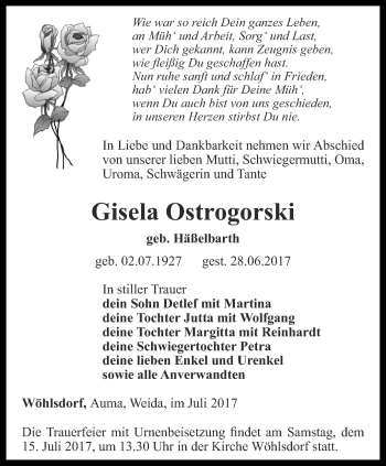 Traueranzeige von Gisela Ostrogorski von Ostthüringer Zeitung