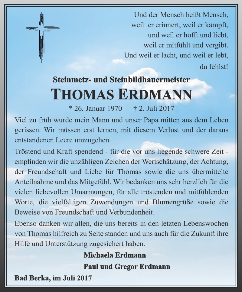  Traueranzeige für Thomas Erdmann vom 22.07.2017 aus Thüringer Allgemeine, Thüringische Landeszeitung