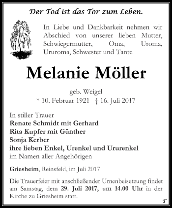 Traueranzeige von Melanie Möller von Thüringer Allgemeine