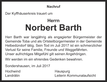 Traueranzeige von Norbert Barth von Thüringer Allgemeine