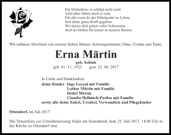 Traueranzeige von Erna Märtin von Ostthüringer Zeitung