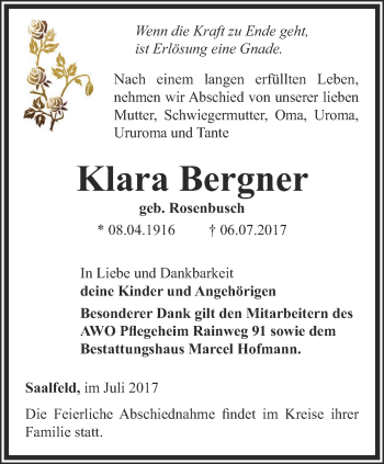 Traueranzeige von Klara Bergner