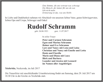 Traueranzeige von Rudolf Schramm
