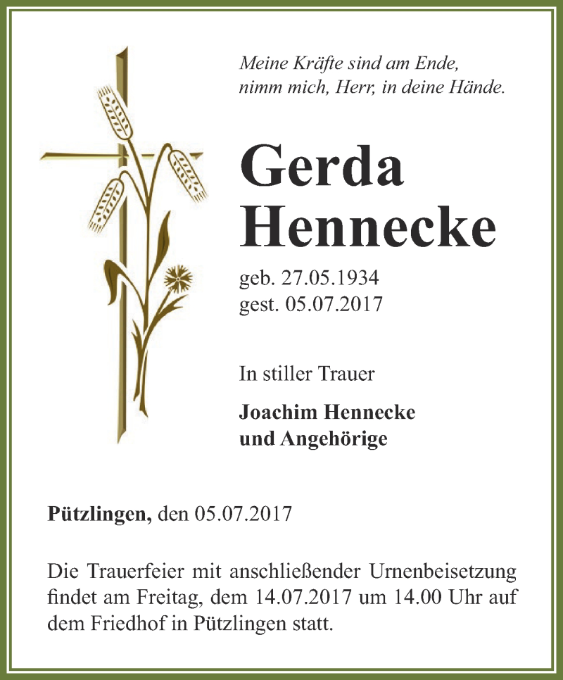  Traueranzeige für Gerda Hennecke vom 11.07.2017 aus Thüringer Allgemeine