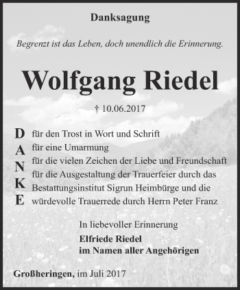 Traueranzeige von Wolfgang Riedel von Thüringer Allgemeine, Thüringische Landeszeitung