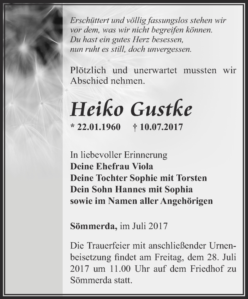  Traueranzeige für Heiko Gustke vom 22.07.2017 aus Thüringer Allgemeine