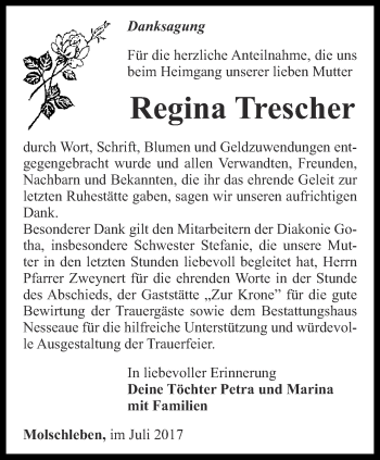 Traueranzeige von Regina Trescher von Ostthüringer Zeitung, Thüringische Landeszeitung