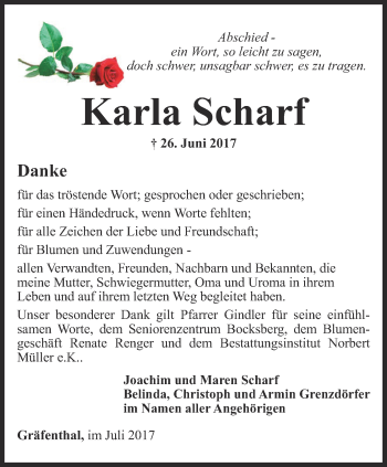 Traueranzeige von Karla Scharf von Ostthüringer Zeitung
