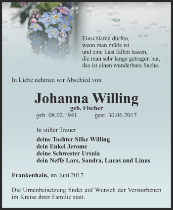 Traueranzeige von Johanna Willing von Thüringer Allgemeine