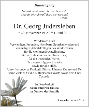 Traueranzeige von Georg Judersleben von Ostthüringer Zeitung, Thüringische Landeszeitung