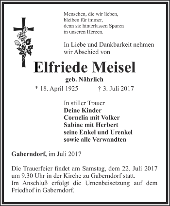 Traueranzeige von Elfriede Meisel von Thüringer Allgemeine, Thüringische Landeszeitung