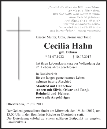 Traueranzeige von Cecilia Hahn von Thüringer Allgemeine, Thüringische Landeszeitung