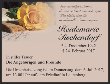 Traueranzeige von Heidemarie Tischendorf von Ostthüringer Zeitung