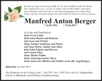 Traueranzeige von Manfred Anton Berger von Thüringer Allgemeine