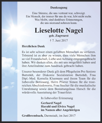 Traueranzeige von Lieselotte Nagel von Thüringer Allgemeine