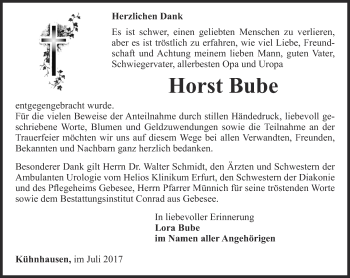 Traueranzeige von Horst Bube von Thüringer Allgemeine, Thüringische Landeszeitung