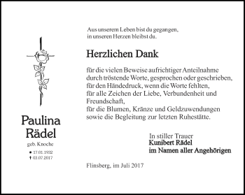 Traueranzeige von Paulina Rädel von Thüringer Allgemeine