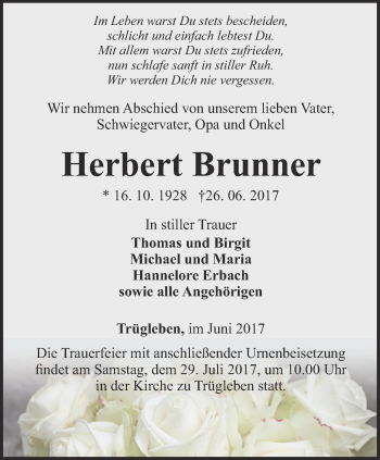 Traueranzeige von Herbert Brunner von Ostthüringer Zeitung, Thüringische Landeszeitung