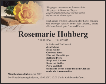 Traueranzeige von Rosemarie Hohberg von Ostthüringer Zeitung