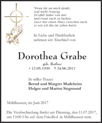 Traueranzeige von Dorothea Grabe von Thüringer Allgemeine, Thüringische Landeszeitung