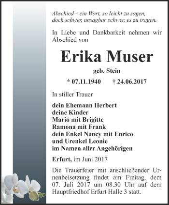 Traueranzeige von Erika Muser