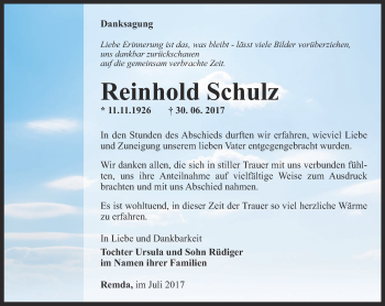 Traueranzeige von Reinhold Schulz